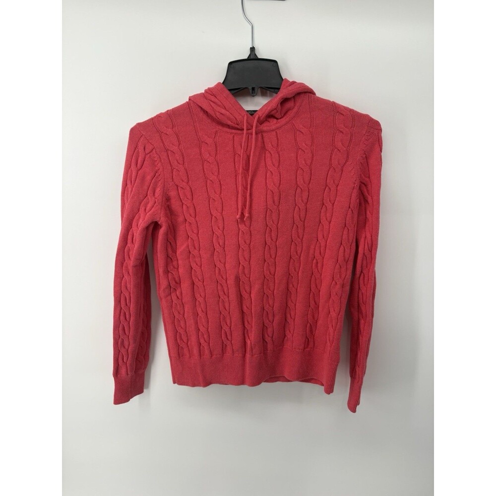 Brooks Brothers Women’s Cable Knit Pullover Hoodie Drawstrings Pink Size Medium